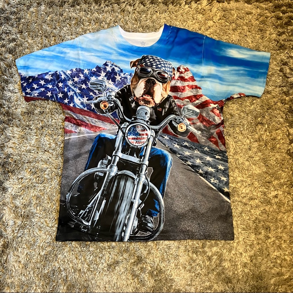 Mens T-shirt Dog Riding Motorcycle American Flag